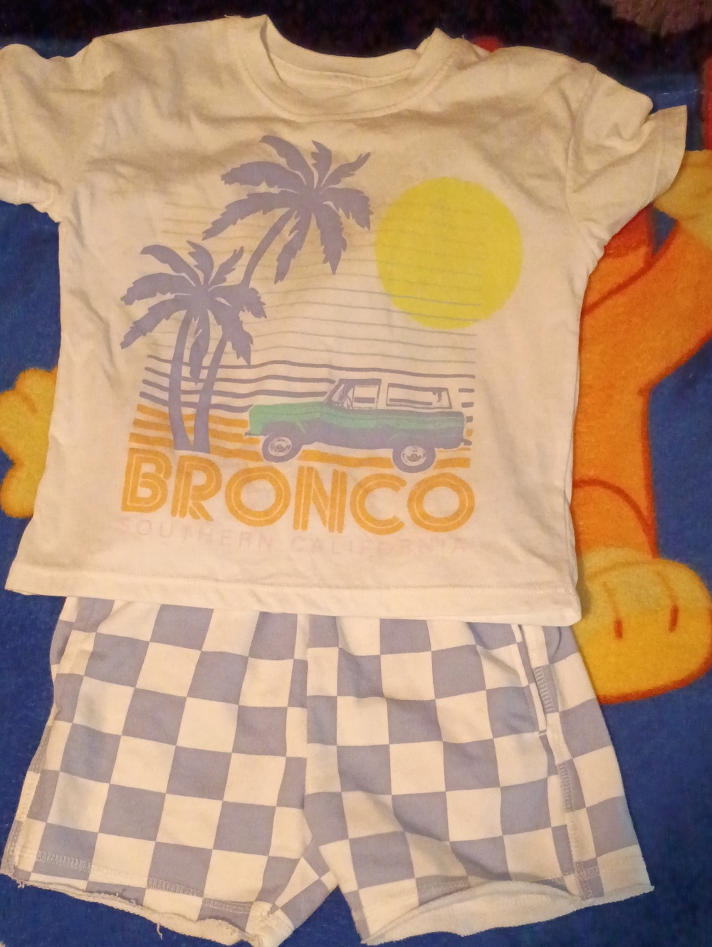 Kids White Bronco Graphic Tee & Blue Checkered Shorts Set